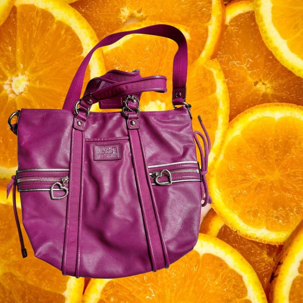 Coach Poppy Magenta Purple Patent Leather Tote Bag Heart Zipper Pulls Crossbody